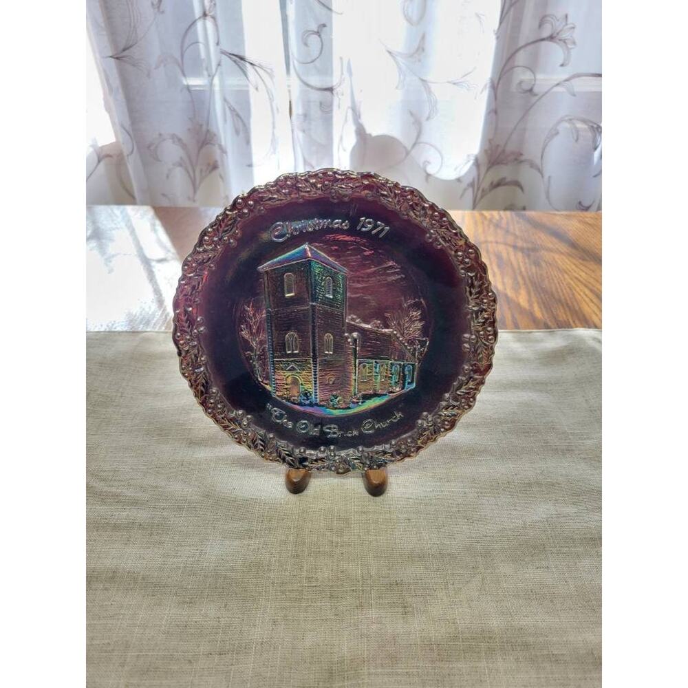 Vintage 1971 Fenton Christmas Plate Carnival Glass The Old Brick Church